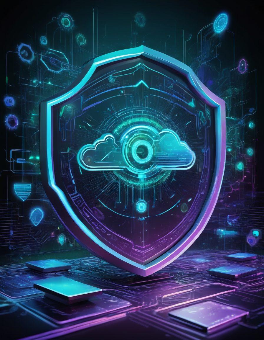 An artistic representation of a digital landscape with streams of flowing data represented as glowing lines connecting various devices, like computers and mobile phones. In the backdrop, a shield symbolizes security, while gears illustrate efficiency. Include abstract icons of data transfer, such as clouds and arrows. The color palette should be vibrant and tech-inspired, evoking a sense of innovation. vector art. vibrant colors.